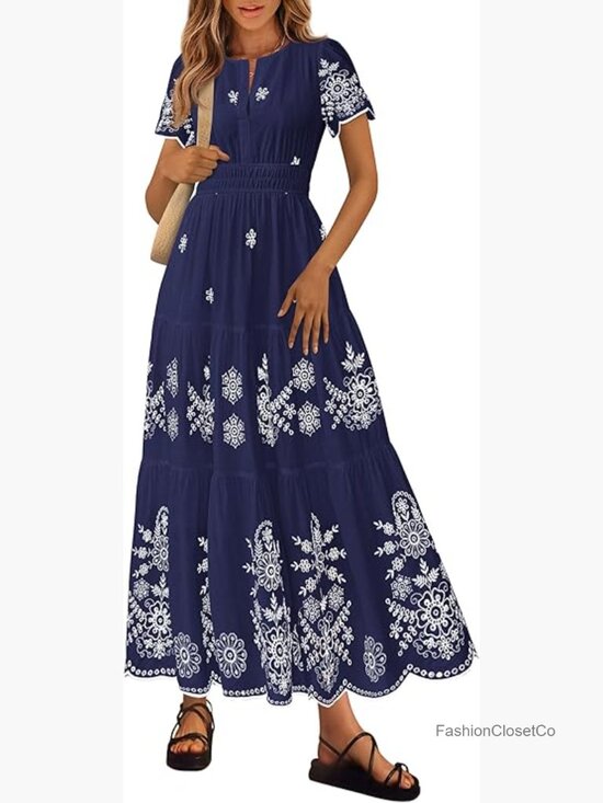 Cotton Boho Maxi Dress with Pockets V Neck Short Sleeve
